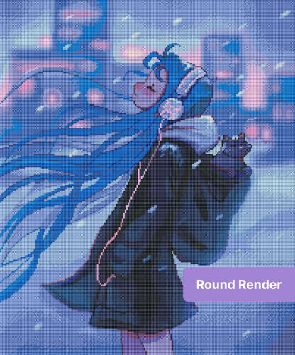 Anime-style girl with flowing blue hair, headphones, and a small cat in a snowy blue scene