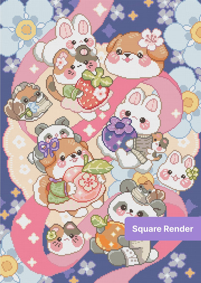 Cute pastel kawaii animals with flowers, ribbons, and strawberries in a dreamy cartoon style