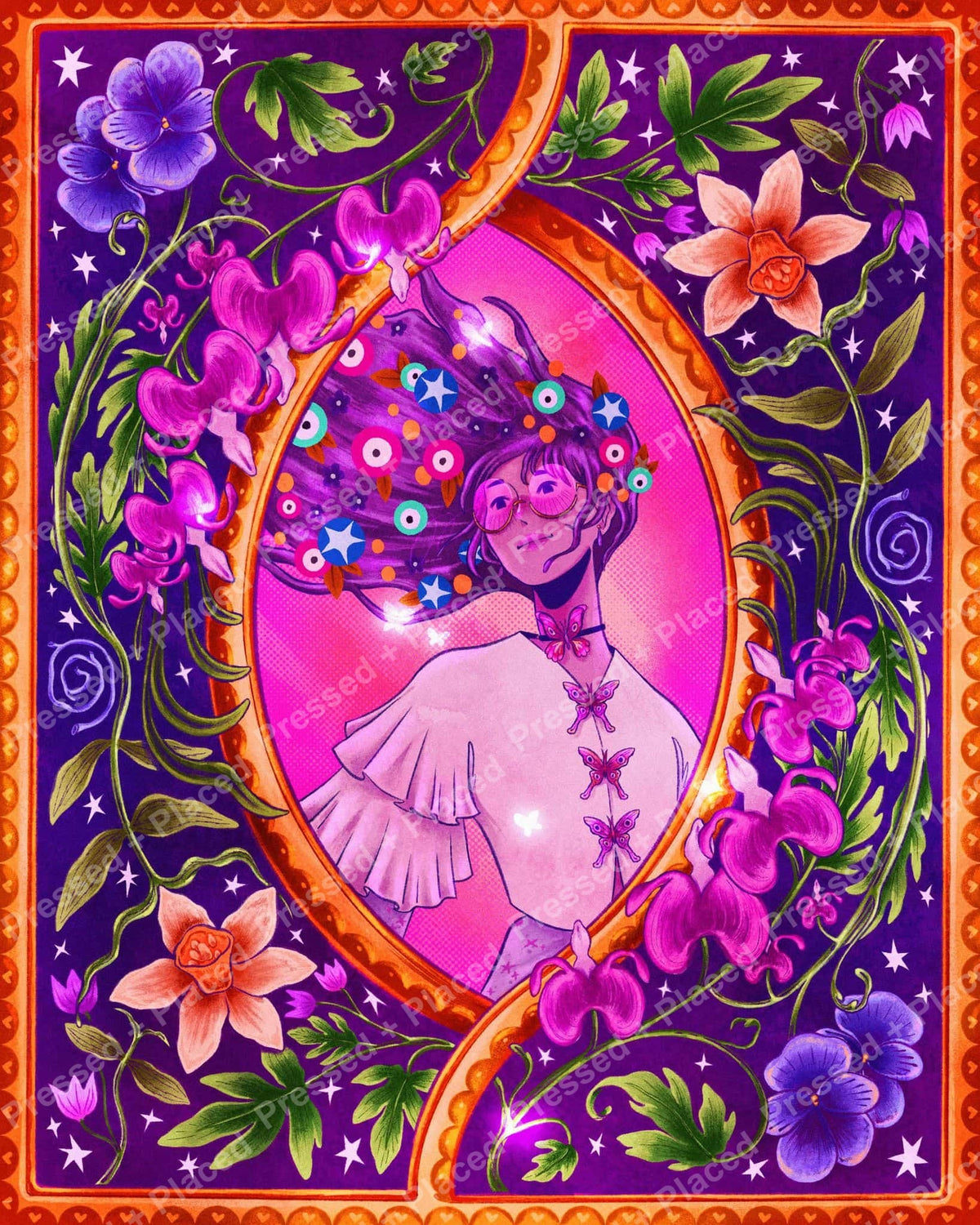 Stylized floral portrait with purple background, glowing vines, and pink blossoms