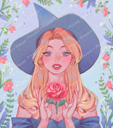 Pastel witch hat girl holding a pink rose with delicate floral border