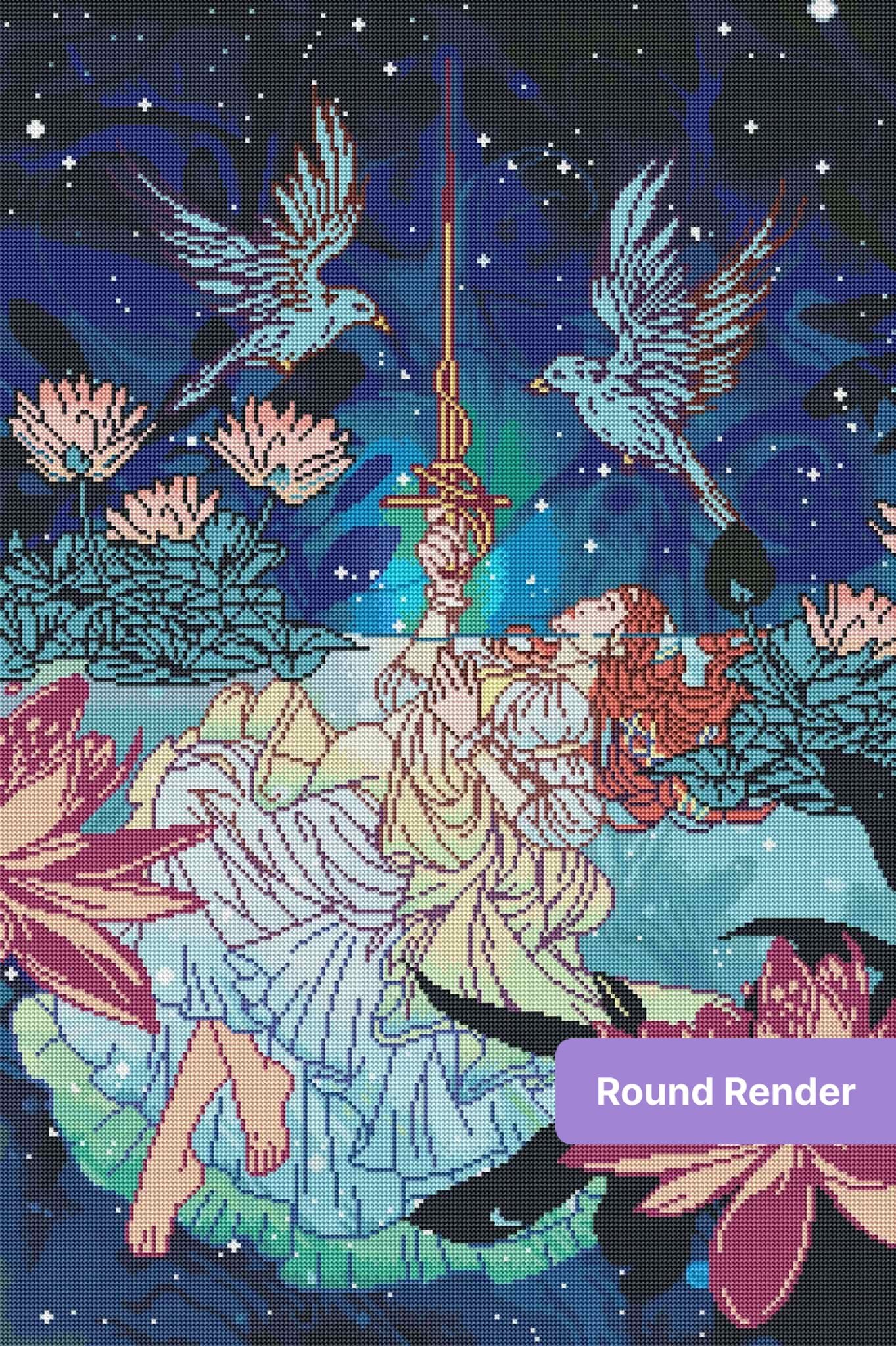 Fantasy girl resting among lotus flowers with birds and a starry blue sky