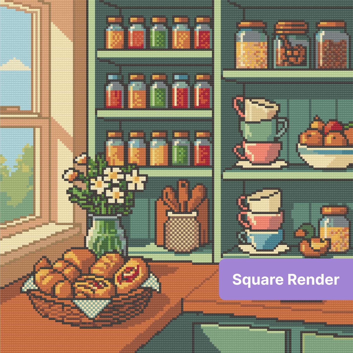 Cozy kitchen shelf scene with teacups, jars, flowers, and baked treats in pixel art style