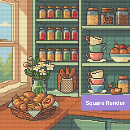 Cozy kitchen shelf scene with teacups, jars, flowers, and baked treats in pixel art style