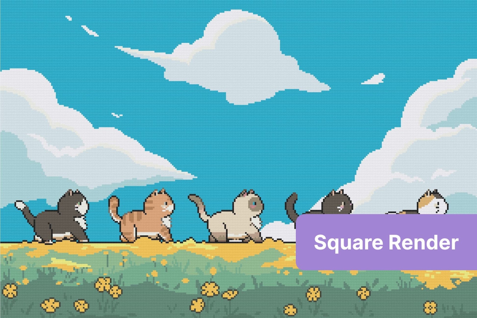 Cartoon cats walking across a sunny meadow with clouds and yellow flowers