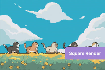 Cartoon cats walking across a sunny meadow with clouds and yellow flowers