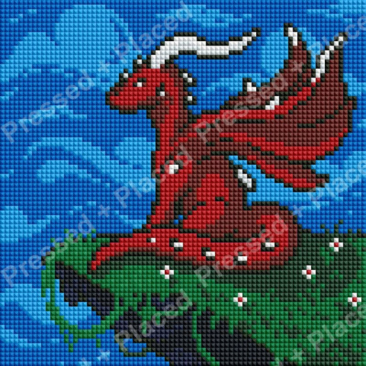Red dragon pixel art on a green rock against a blue background
