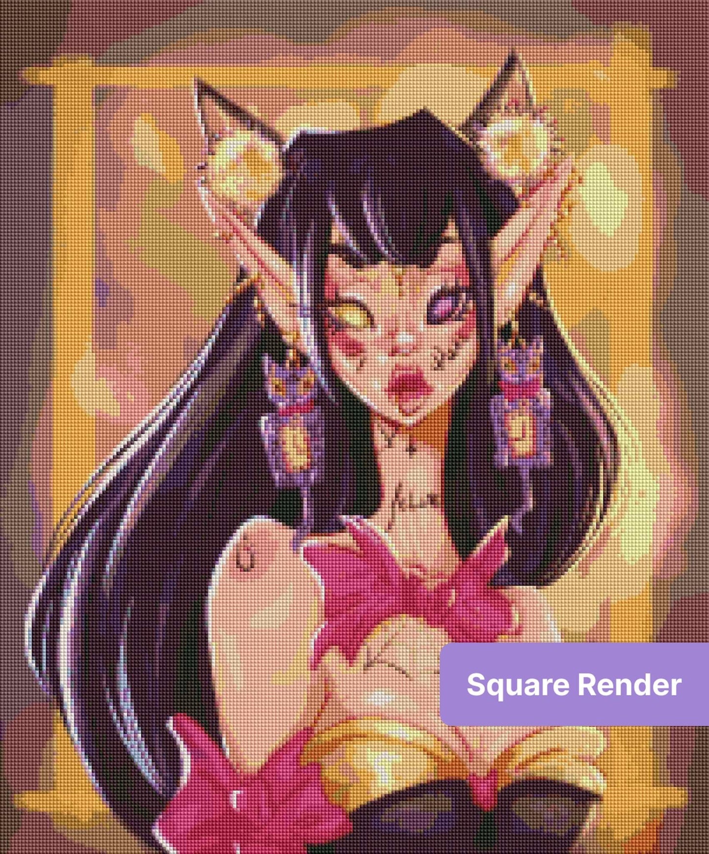 Fantasy catgirl portrait with dark hair, glowing eyes, and gothic anime style