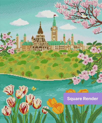 Illustrated Ottawa skyline with tulips, cherry blossoms, river, and spring greenery