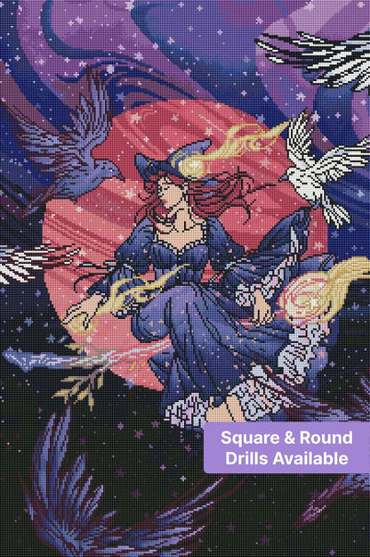 Fantasy witch surrounded by ravens in a purple celestial illustration with glowing gold accents