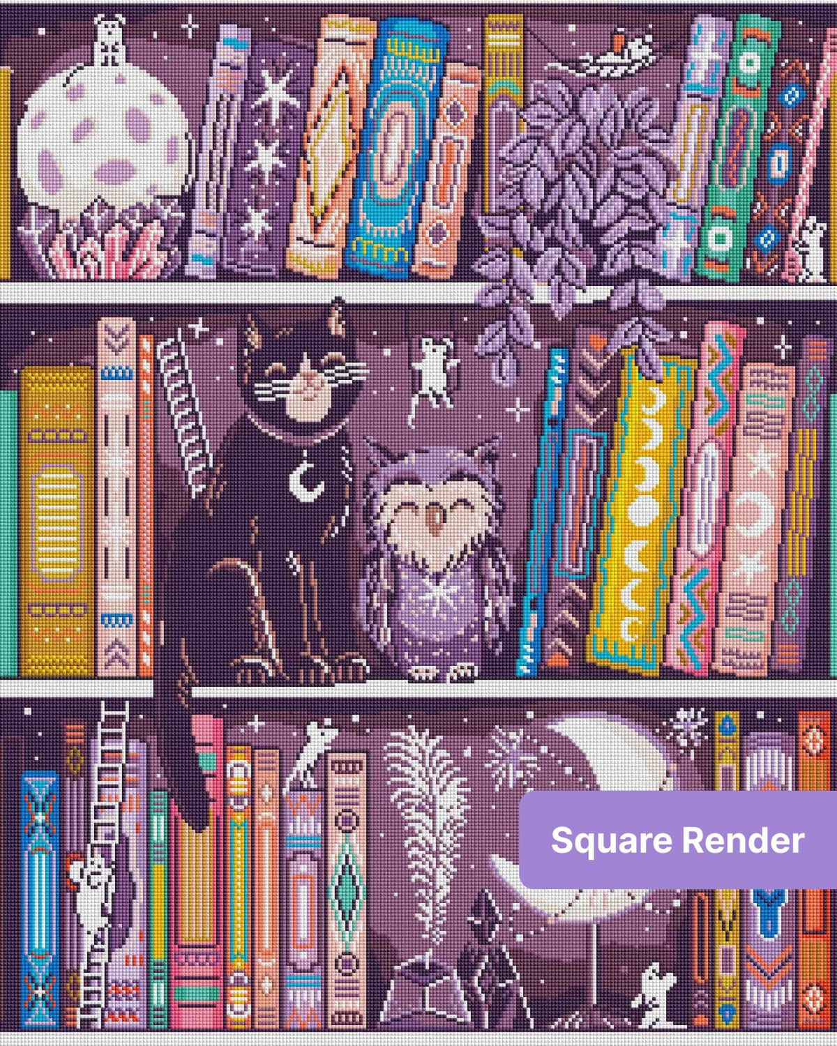 Whimsical cat and owl bookshelf scene with moons, books, crystals, and boho-style details