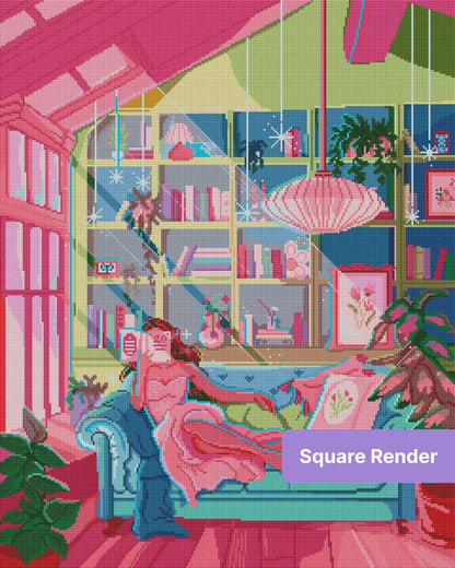 Pastel reading room scene with a woman on a sofa, bookshelves, plants, and a pink pendant lamp