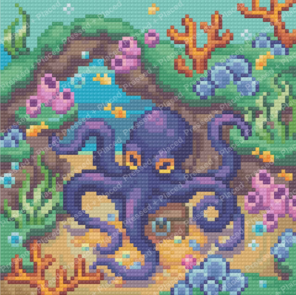 Whimsical mermaid in a colorful coral reef with sea plants and fish, mosaic style