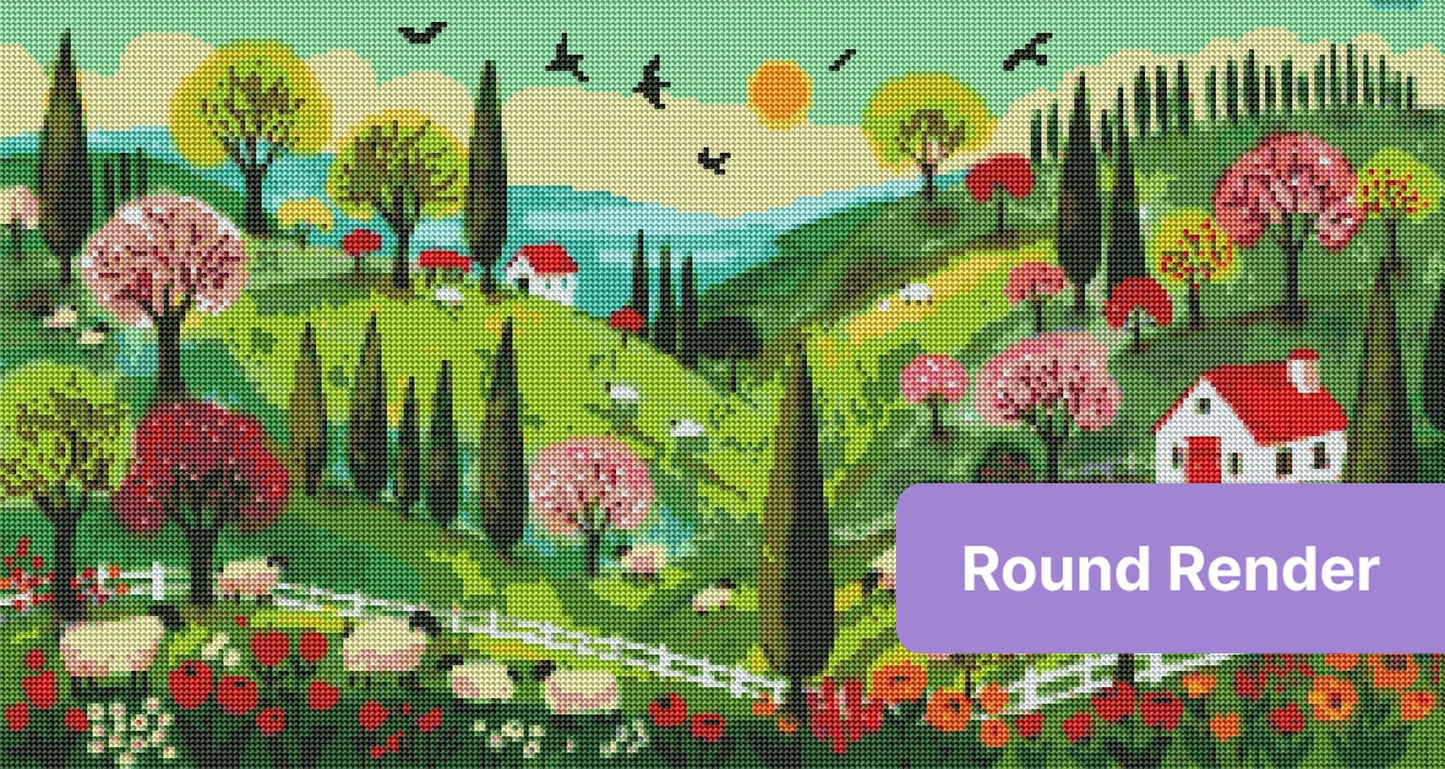 Colorful spring countryside landscape with sheep, blooming trees, cottages, and rolling hills