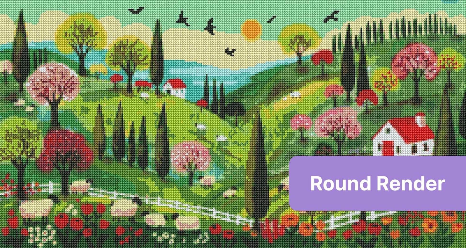 Colorful spring countryside landscape with sheep, blooming trees, cottages, and rolling hills