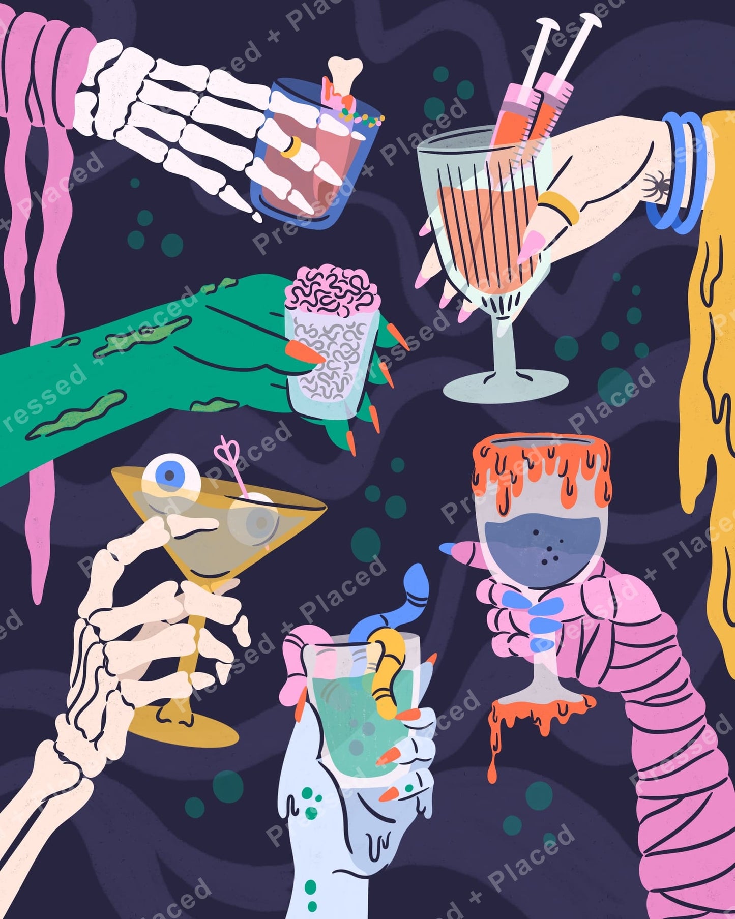 Stylized skeleton hands holding colorful cocktails in a gothic pop-art style