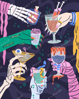 Stylized skeleton hands holding colorful cocktails in a gothic pop-art style