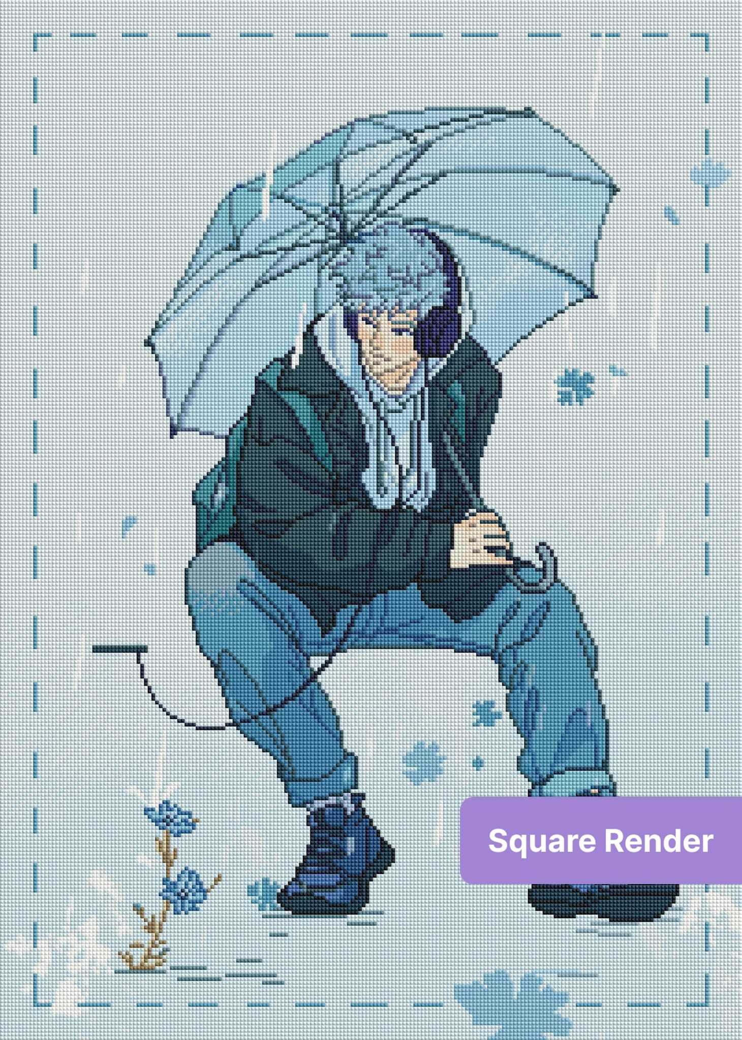 Anime boy sitting under a clear umbrella in cool blue tones, modern illustration style