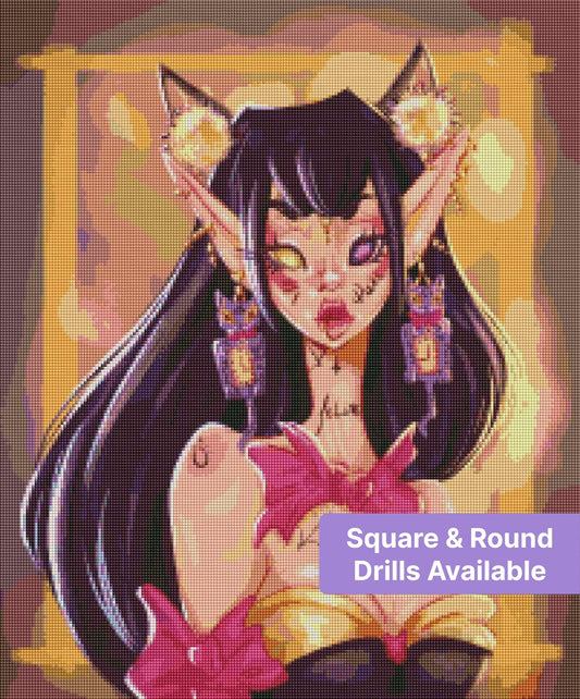 Fantasy catgirl portrait with dark hair, glowing eyes, and gothic anime style