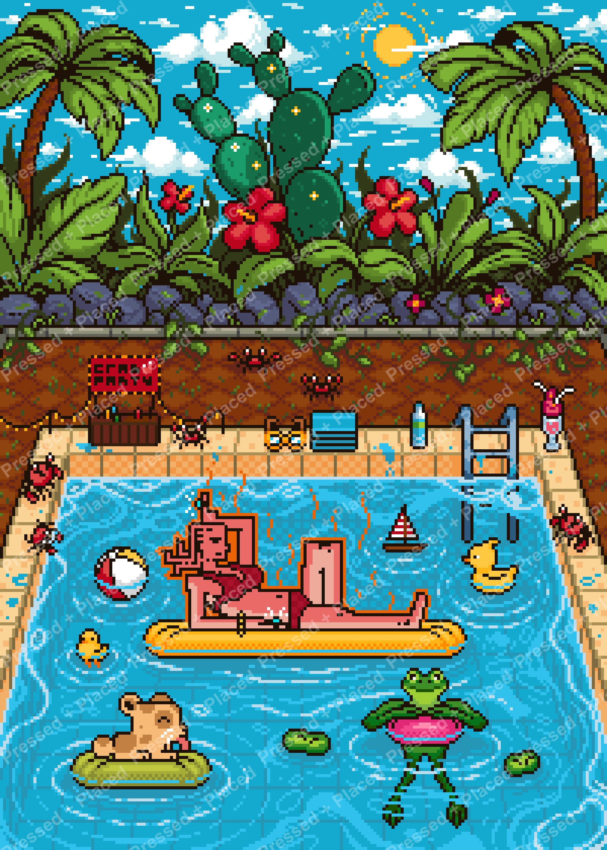 Pixel-art tropical pool scene with palm trees, cactus, floaties, and a sunny sky
