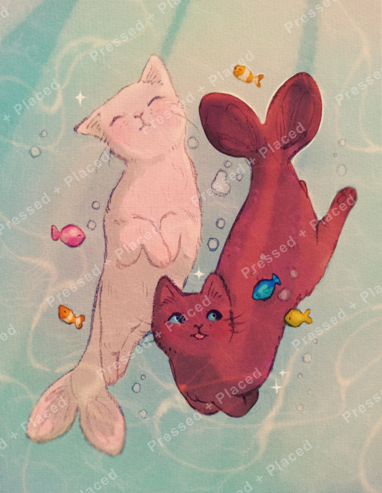 Two cute cats swimming underwater with colorful fish in a whimsical pastel art style