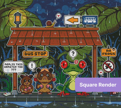 Pixel art jungle bus stop scene with frogs, animals, and rainy tropical signs