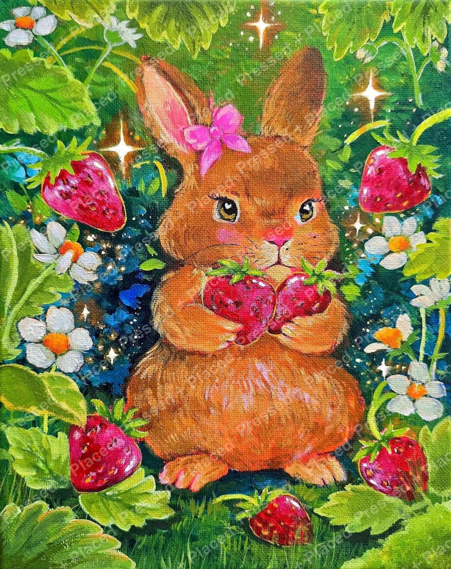 Cute brown bunny with strawberries and flowers in a colorful whimsical style