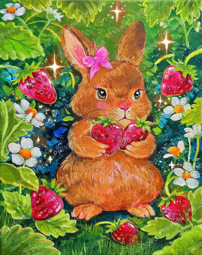 Cute brown bunny with strawberries and flowers in a colorful whimsical style