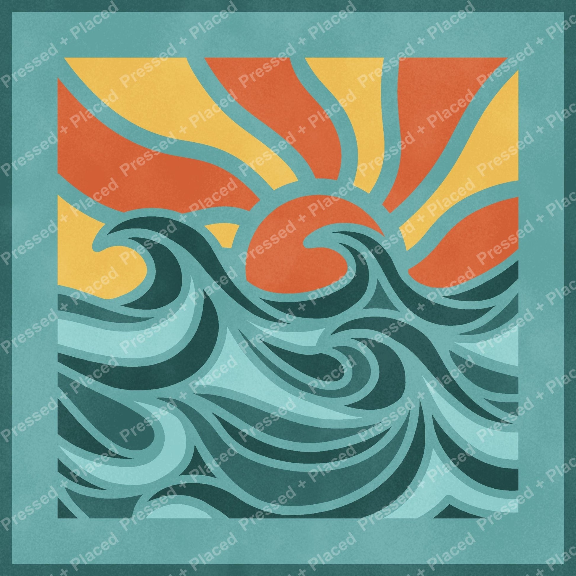 Abstract sunset and wave diamond painting with flowing teal, orange, and yellow shapes