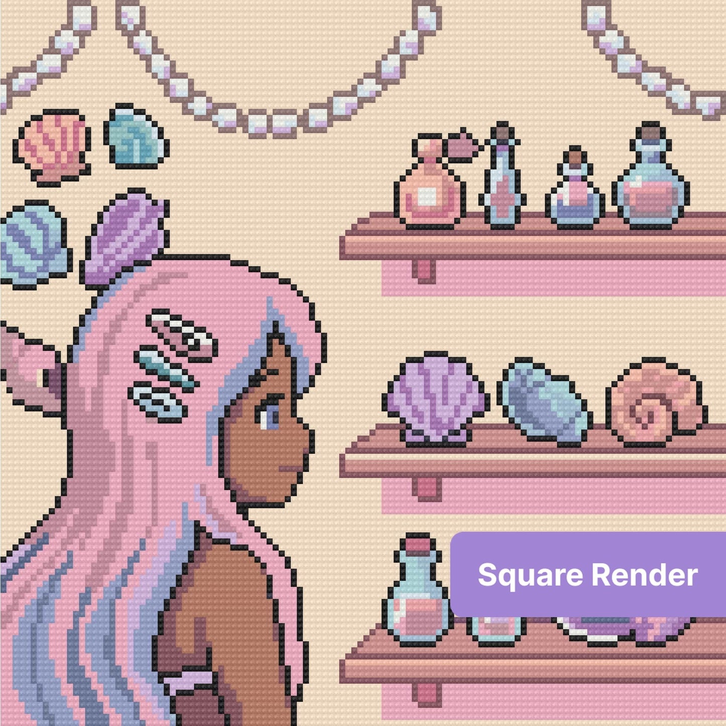 Pastel mermaid girl with seashells and bottles in a whimsical fantasy style