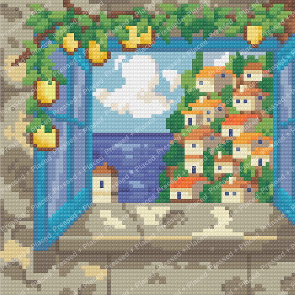 Mosaic-style coastal village with colorful rooftops, blue sea, and bright sky