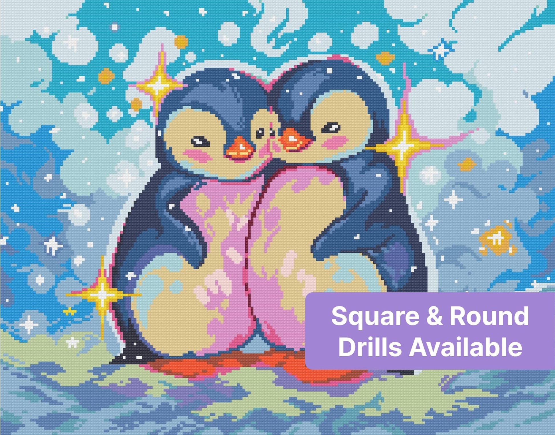 Two cute baby penguins in a pastel watercolor style with sparkling stars and blue background