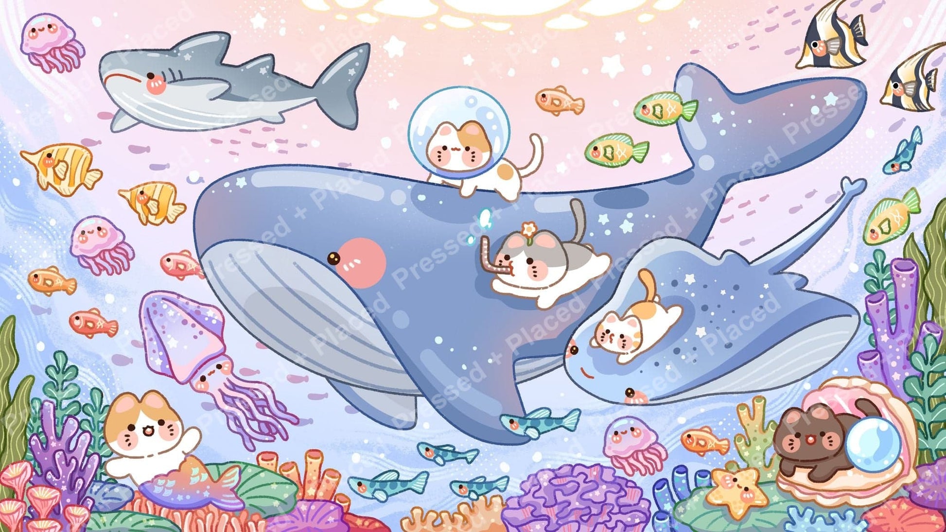 Cute pastel ocean animals with whales, fish, jellyfish, and coral in a whimsical cartoon style