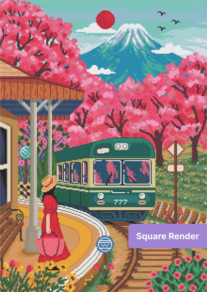 Cherry blossom train station landscape with mountain, vibrant pink trees, and vintage teal train