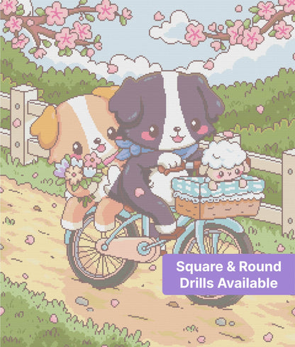 Cute cartoon puppies riding a bicycle under cherry blossoms in a pastel garden scene