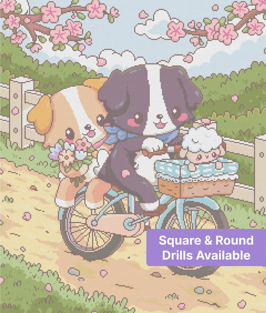 Cute cartoon puppies riding a bicycle under cherry blossoms in a pastel garden scene