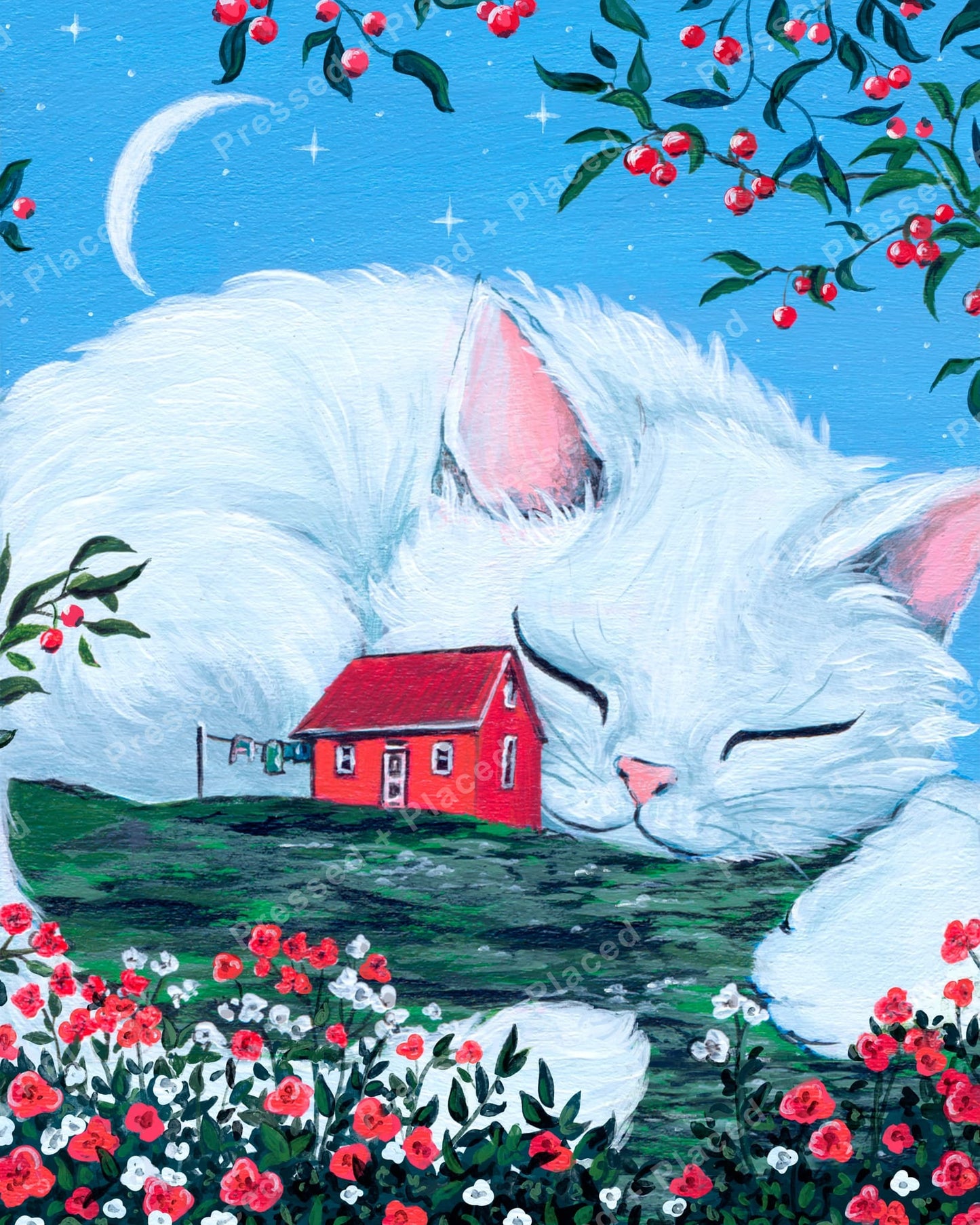 White cat curled around a red cottage with crescent moon and floral branches