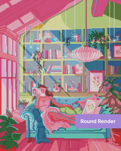 Pastel reading room scene with a woman on a sofa, bookshelves, plants, and a pink pendant lamp