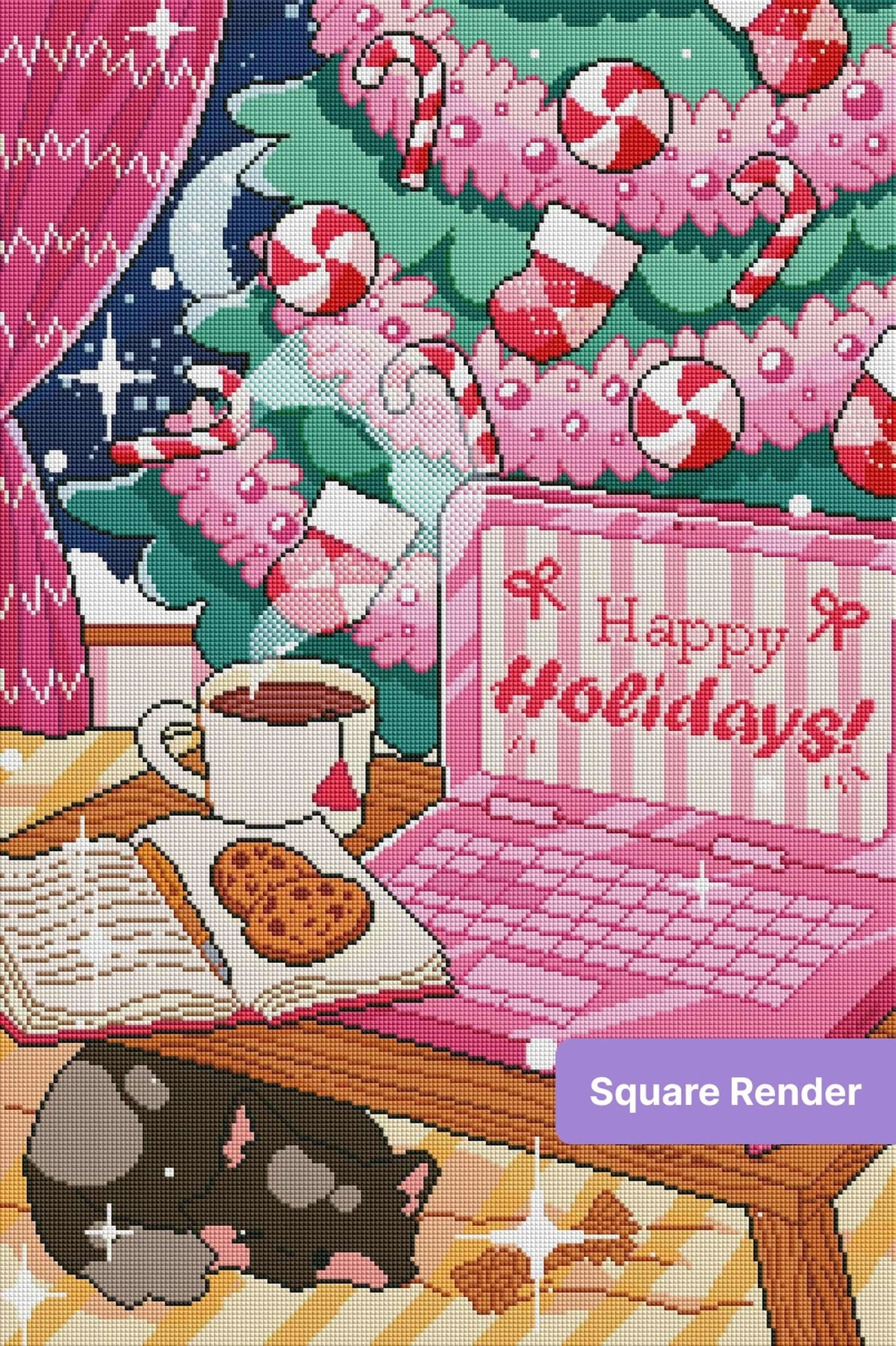 Cute Christmas scene with pink laptop, sleeping cat, cookies, tea, and decorated tree