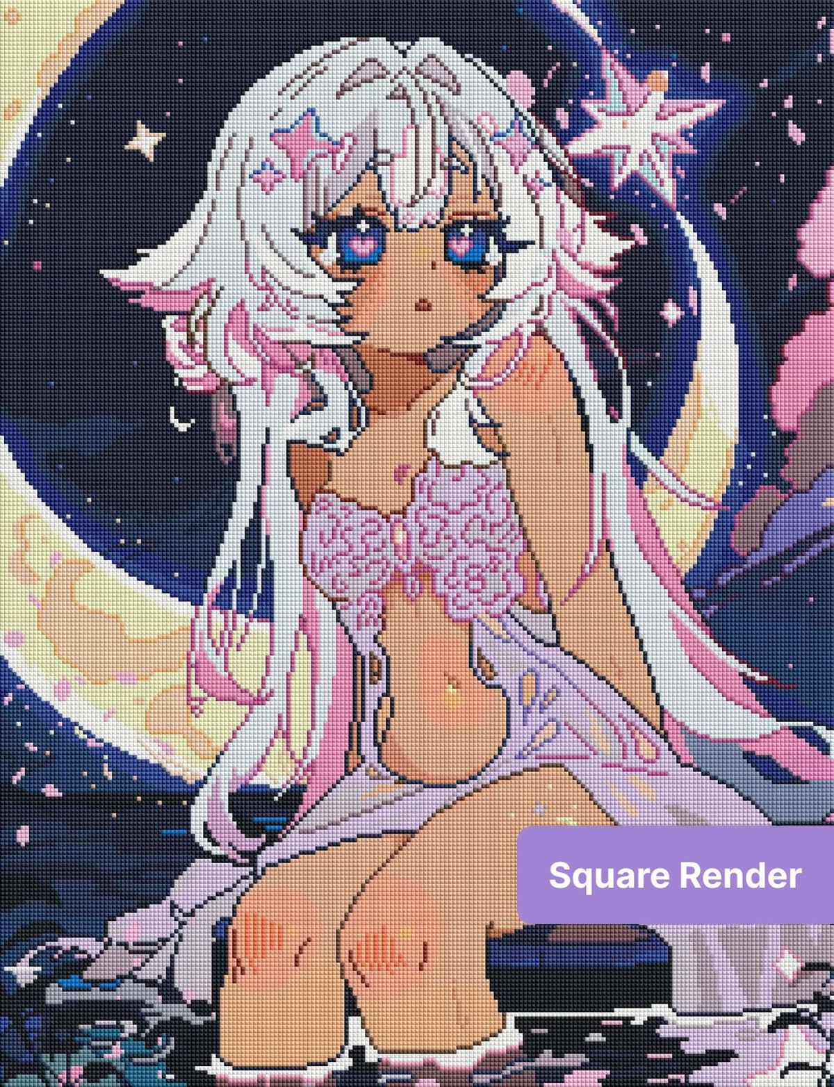 Anime moon girl with white hair, star accents, and pastel fantasy night sky