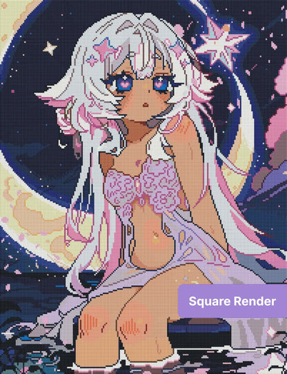 Anime moon girl with white hair, star accents, and pastel fantasy night sky