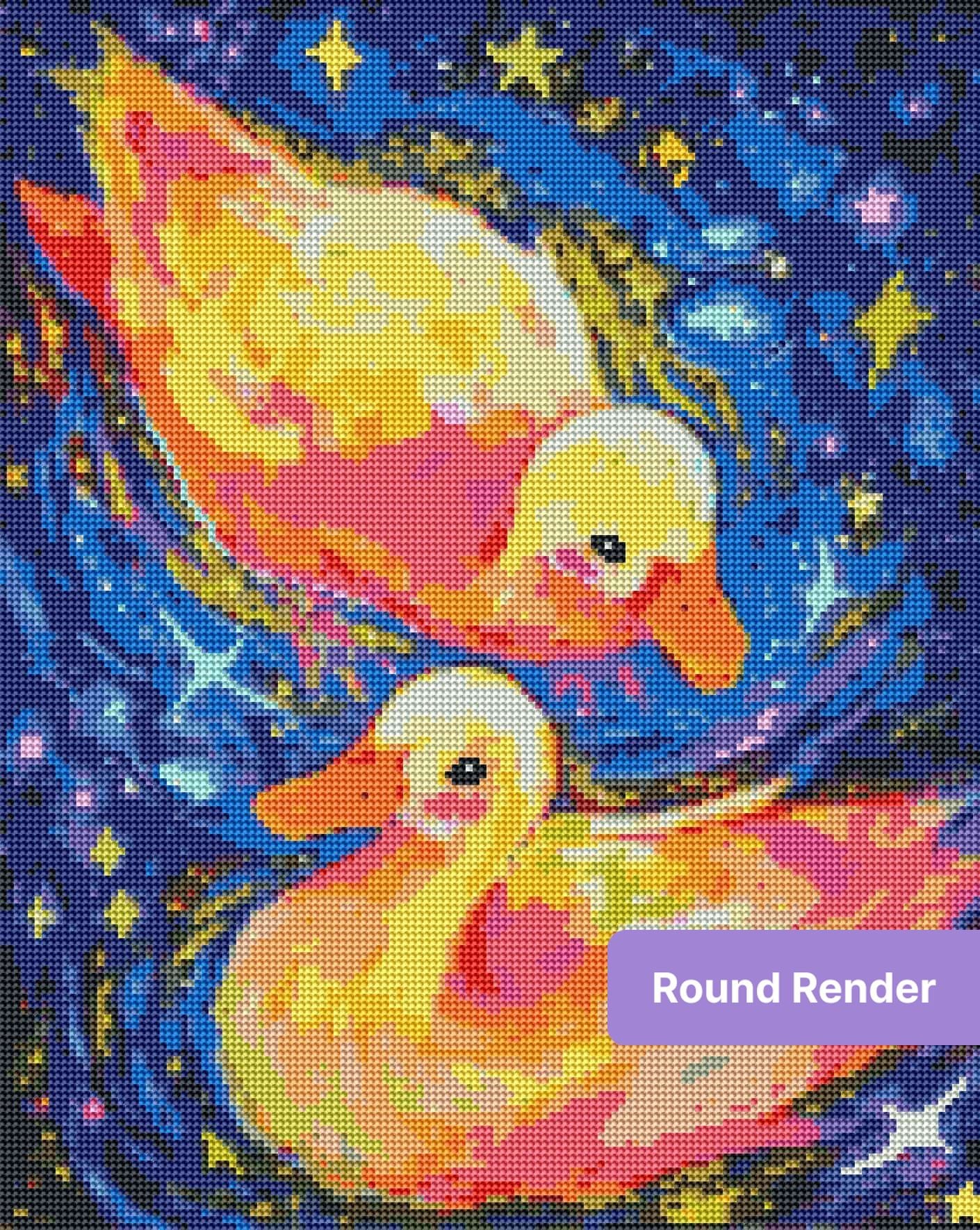 Two colorful ducks floating through a vibrant starry galaxy in whimsical watercolor style