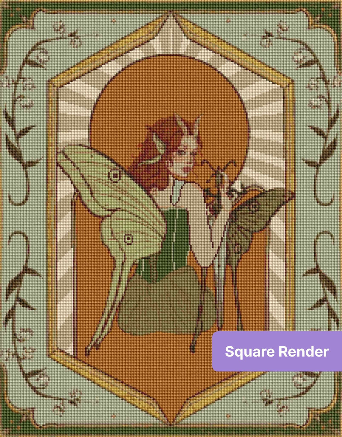 Fantasy fairy with butterfly wings, botanical border, and vintage-style framed art