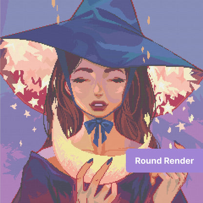 Fantasy woman portrait with starry hat, glowing light, and soft pastel tones