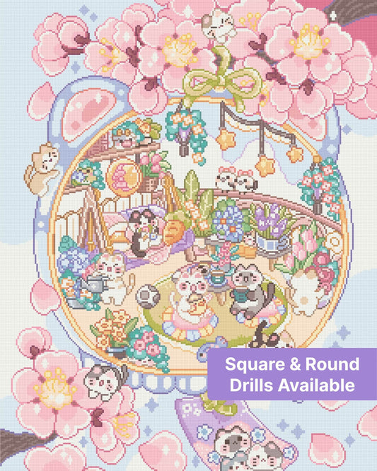 Kawaii cats in a pastel cherry blossom garden with flowers and cozy decor