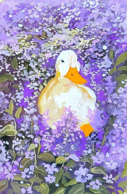 White duck surrounded by lavender flowers in a soft watercolor-style diamond painting design