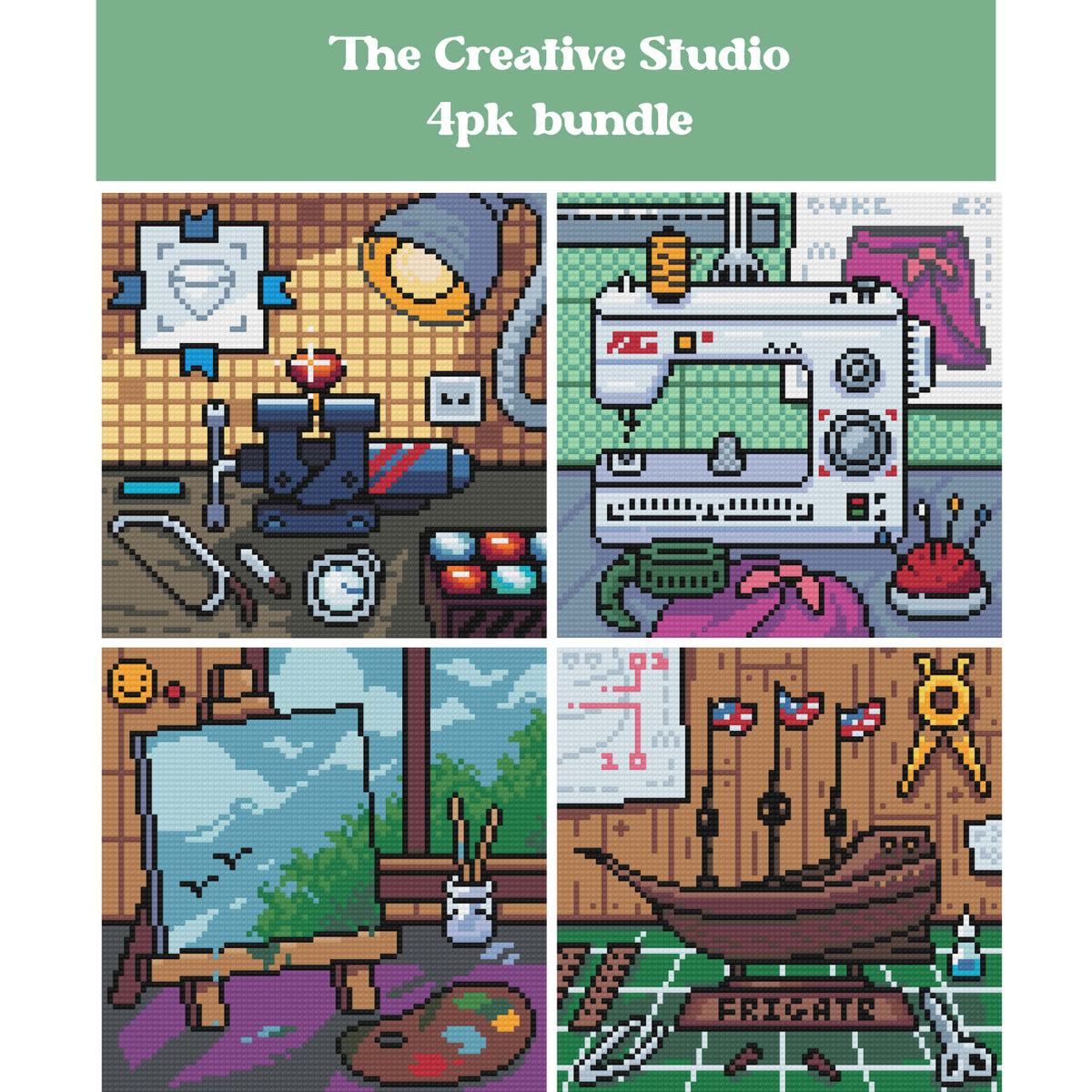 Four pixel-style creative studio diamond painting designs with sewing, painting, and crafting themes