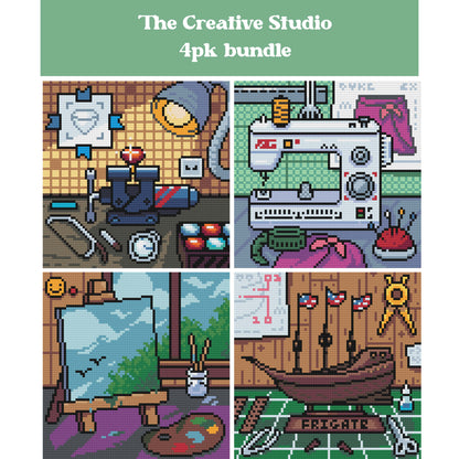 Four pixel-style creative studio diamond painting designs with sewing, painting, and crafting themes