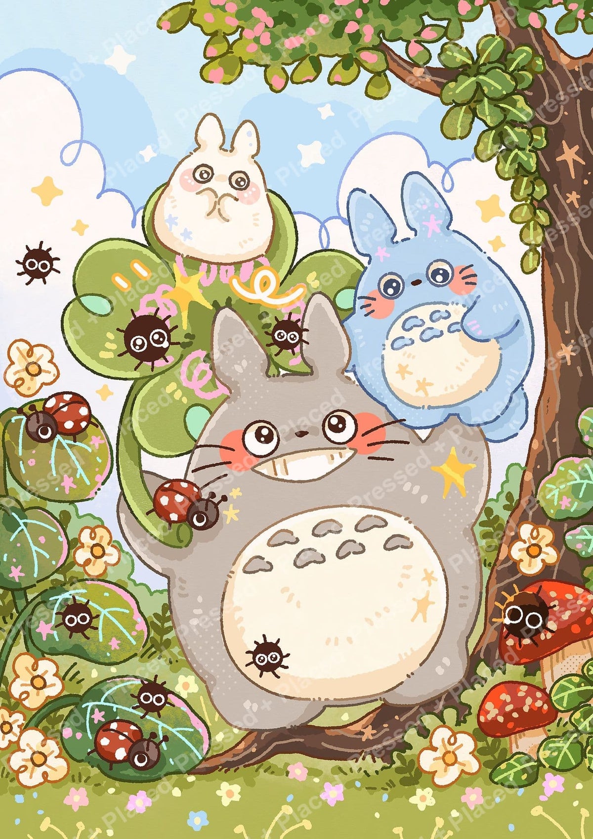 Cute fantasy forest creatures under a flowering tree in a pastel cartoon style