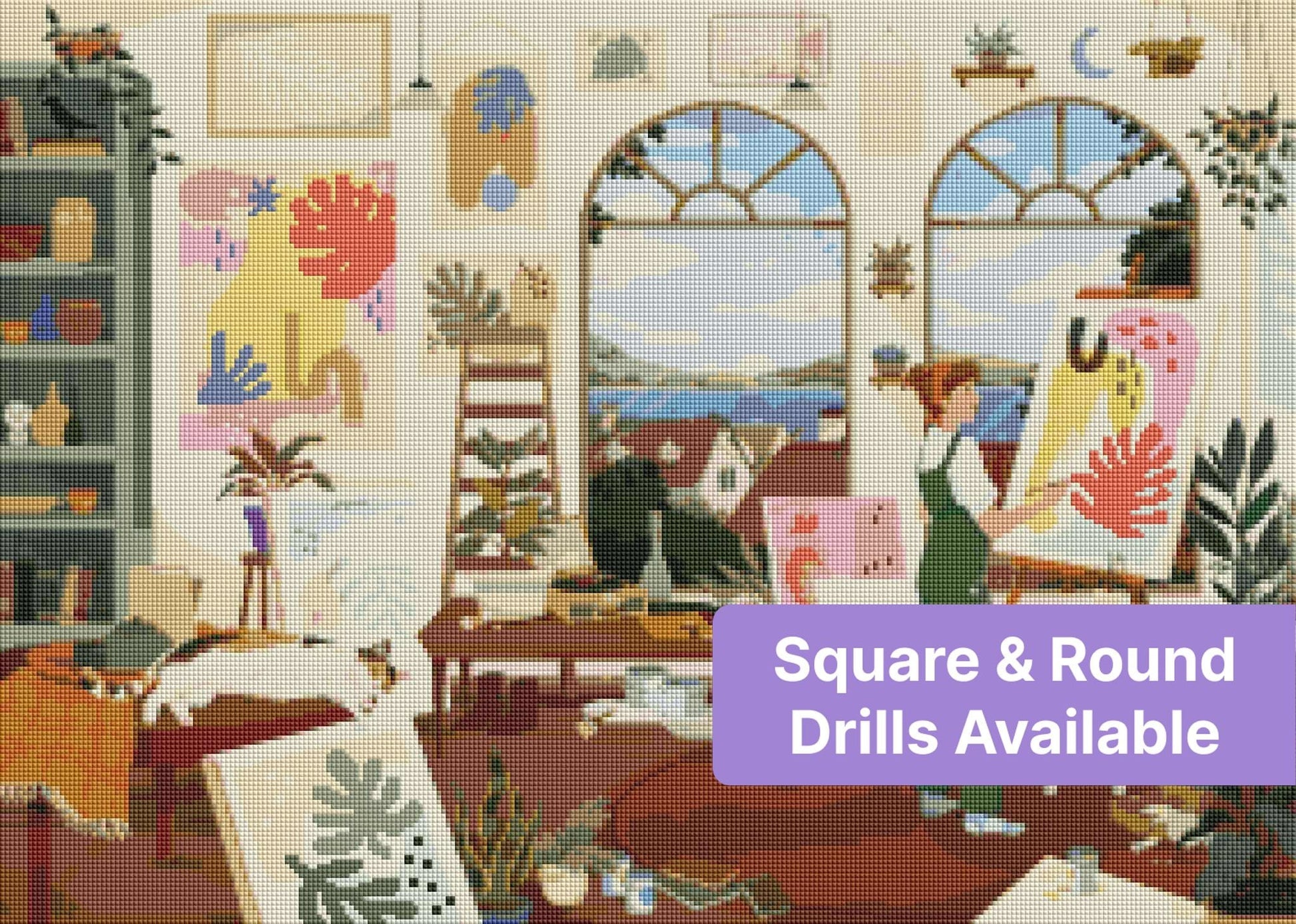 Cozy art studio scene with painter, plants, pets, and arched windows in soft colors