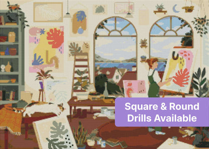 Cozy art studio scene with painter, plants, pets, and arched windows in soft colors